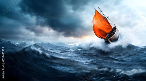 Majestic Viking Longboat Cutting through Towering Waves and Turbulent Skies During a Fierce and Dramatic Ocean Storm