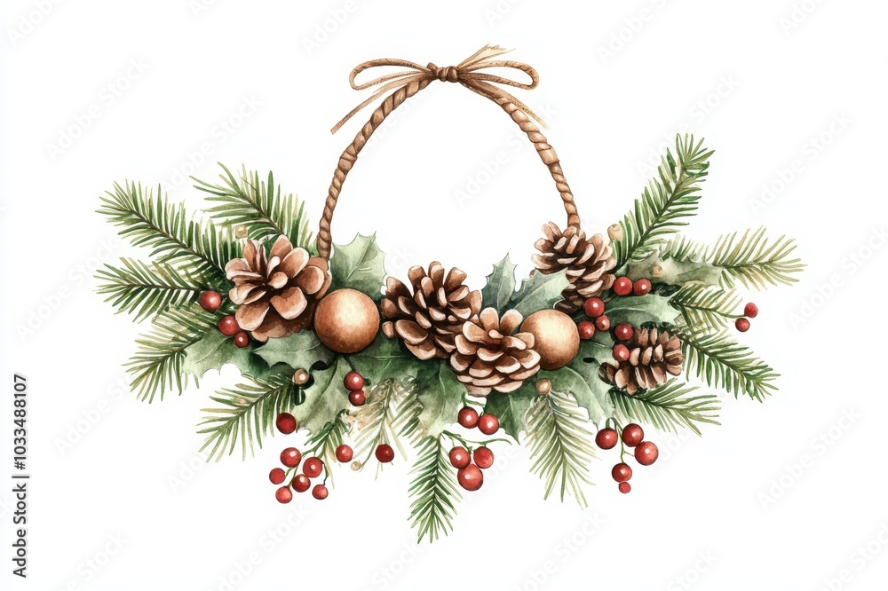 Festive Christmas wreath with pine cones, greenery, and berries on a white isolate background. Festive Christmas wreath with pine cones, greenery, and berries on a white isolate background.