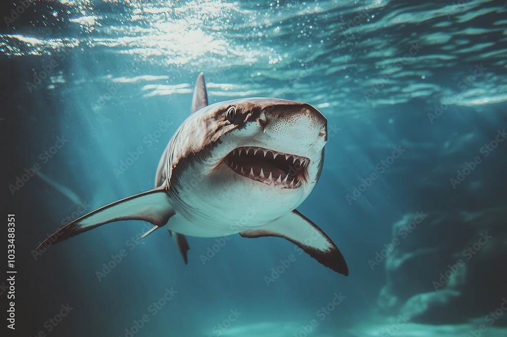 Fototapeta premium Great white shark swimming in clear blue ocean water.