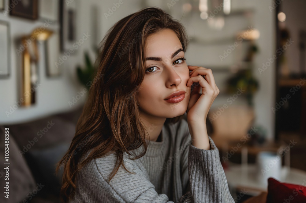 Beautiful young woman with long brown hair and wearing a grey sweater is sitting in her apartment Beautiful young woman with long brown hair and wearing a grey sweater is sitting in her apartment