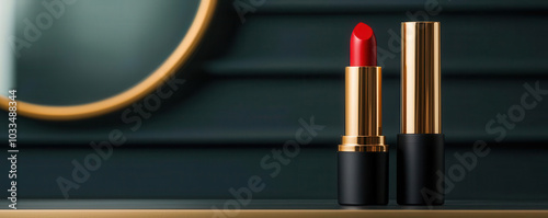 Lipsticks with gold casings and sleek black packaging, elegantly arranged on a vanity table with goldframed mirrors in the background, 3D illustration photo