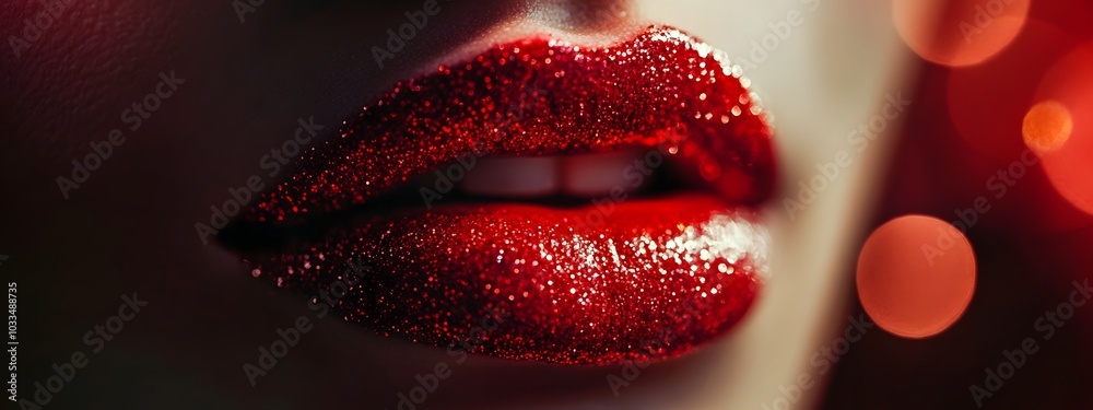 Close-up of lips, frontal portrait, red glittery lipstick, dreamy lighting Close-up of lips, frontal portrait, red glittery lipstick, dreamy lighting