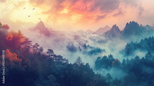 Breathtaking mountain landscape with mist and sunset hues, vibrant trees, flying birds