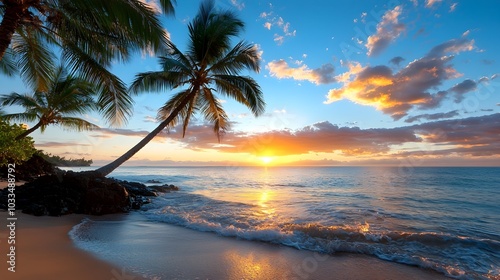 Stunning Tropical Beach Sunset with Silhouetted Palm Trees Golden Sky Reflective Ocean and Tranquil Coastal Scenery Creating a Peaceful Picturesque Landscape