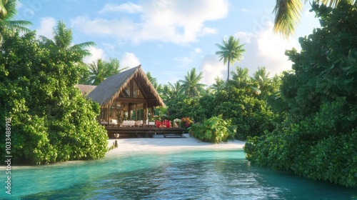 Friends exchanging gifts and enjoying feast in luxurious open-air villa on tropical island Christmas, surrounded by lush greenery and crystal-clear waters. Tropical holiday celebration.