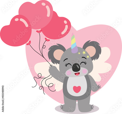 Happy unicorn koala holding heart balloons