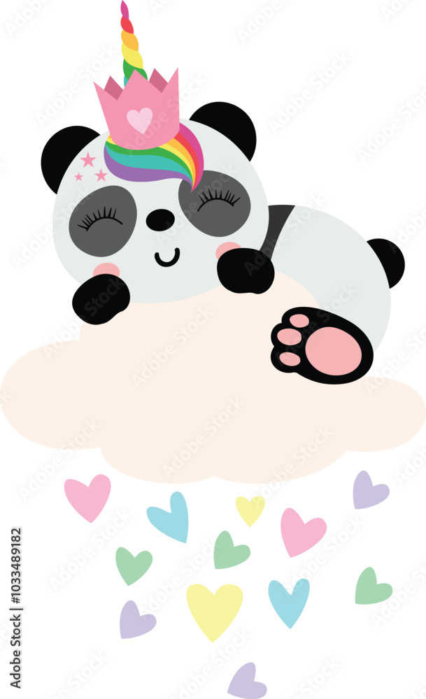 Naklejka premium Unicorn princess panda on cloud with hearts