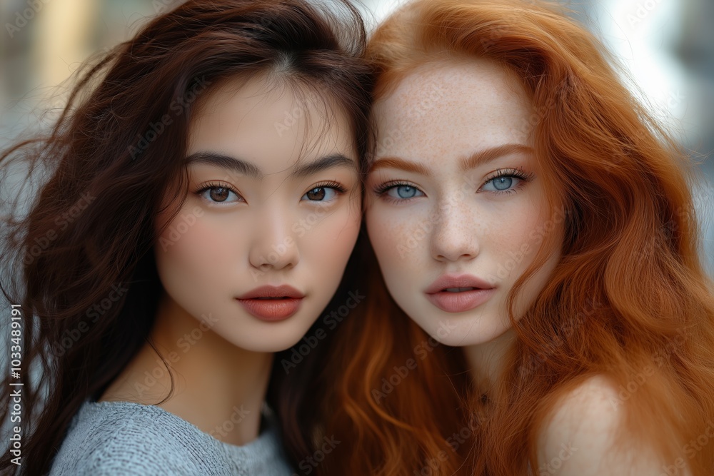 Two women with red hair and brown hair are standing next to each other. One of them has blue eyes Two women with red hair and brown hair are standing next to each other. One of them has blue eyes