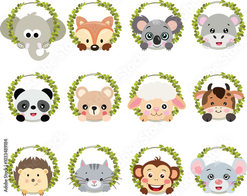Set digital collage of friendly animal peeking out of round leaves frame