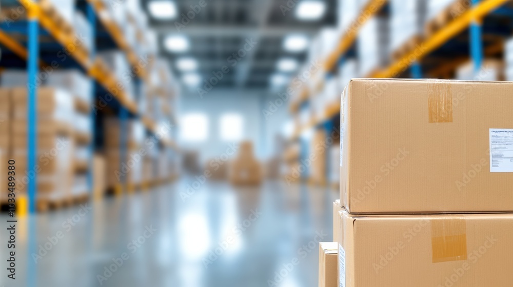 Naklejka premium A close-up of cardboard boxes in a modern warehouse, showcasing organized storage and logistics in a professional setting.