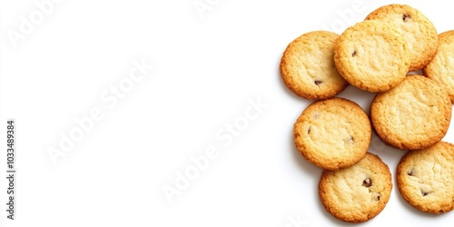 Cookies on a white background. Danish butter cookie isolated against a white backdrop. Homemade chip cookies, top view, with copyspace for text.