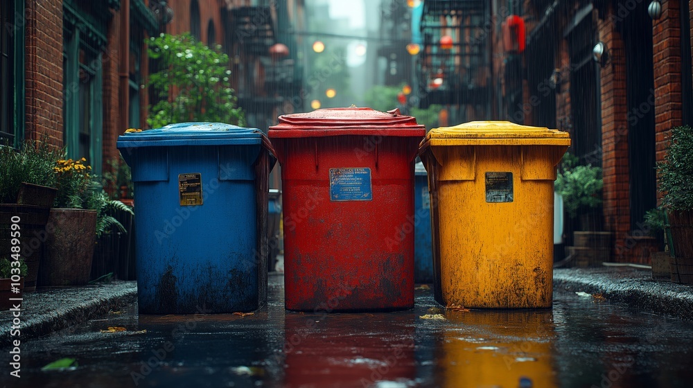 Colorful recycling bins in red, blue, and yellow standing in a narrow, rainy urban alley, promoting eco-friendly waste management and sustainability Colorful recycling bins in red, blue, and yellow standing in a narrow, rainy urban alley, promoting eco-friendly waste management and sustainability