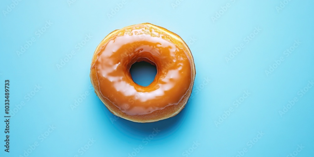 glazed donut for dessert displayed on a blue background flat lay mock up