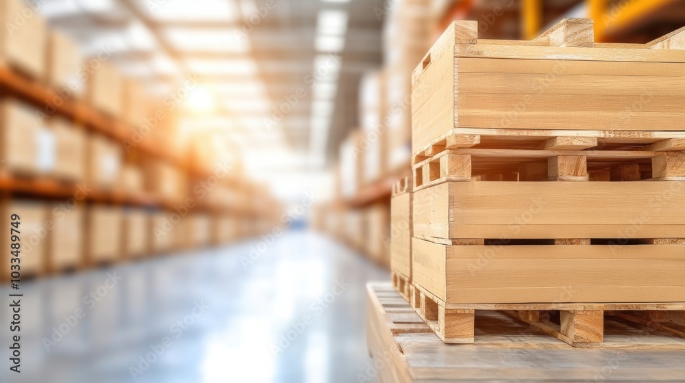 Obraz premium A close-up view of wooden pallets in a spacious warehouse. Perfect for logistics, storage, and supply chain themes.