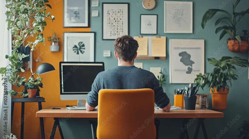 A home office with motivational quotes, offering daily inspiration to a remote worker A home office with motivational quotes, offering daily inspiration to a remote worker