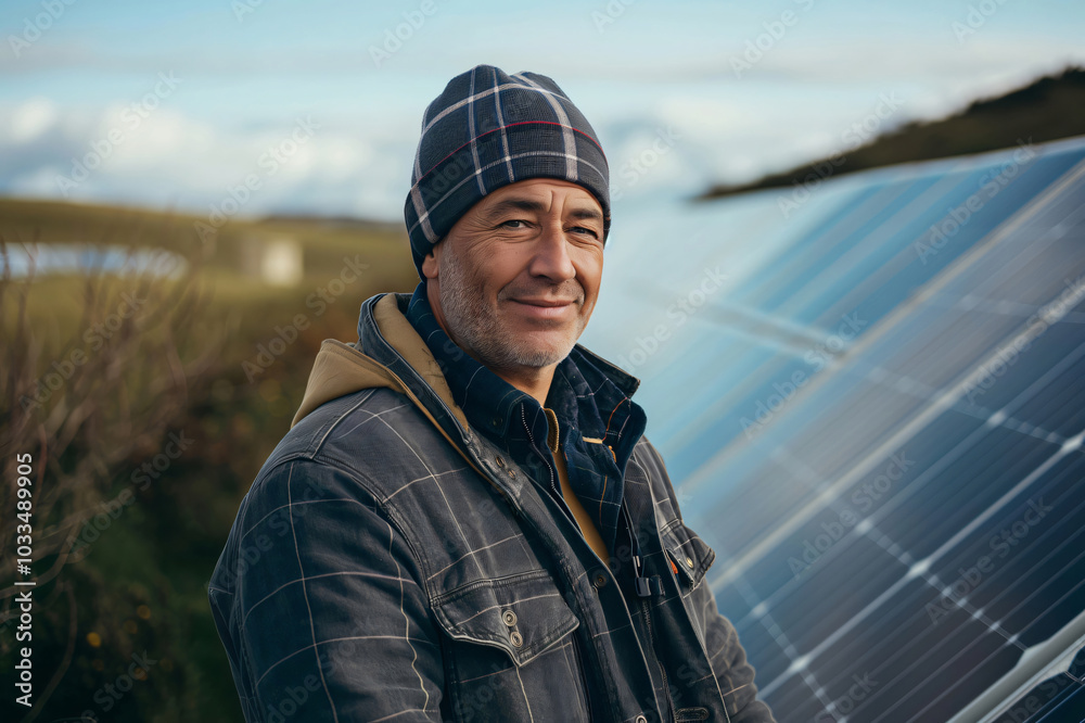 Engineer is smiling near solar panels, proud of his work at a renewable energy plant Engineer is smiling near solar panels, proud of his work at a renewable energy plant