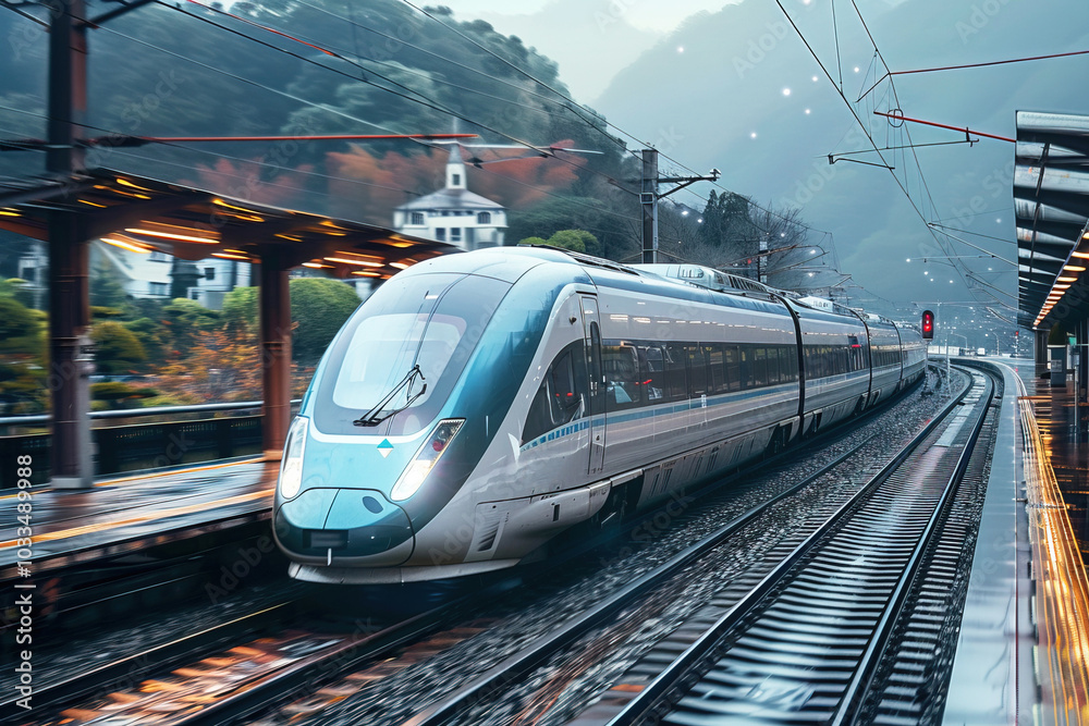 Fototapeta premium Modern high speed train arriving at a scenic mountain station during a cloudy day