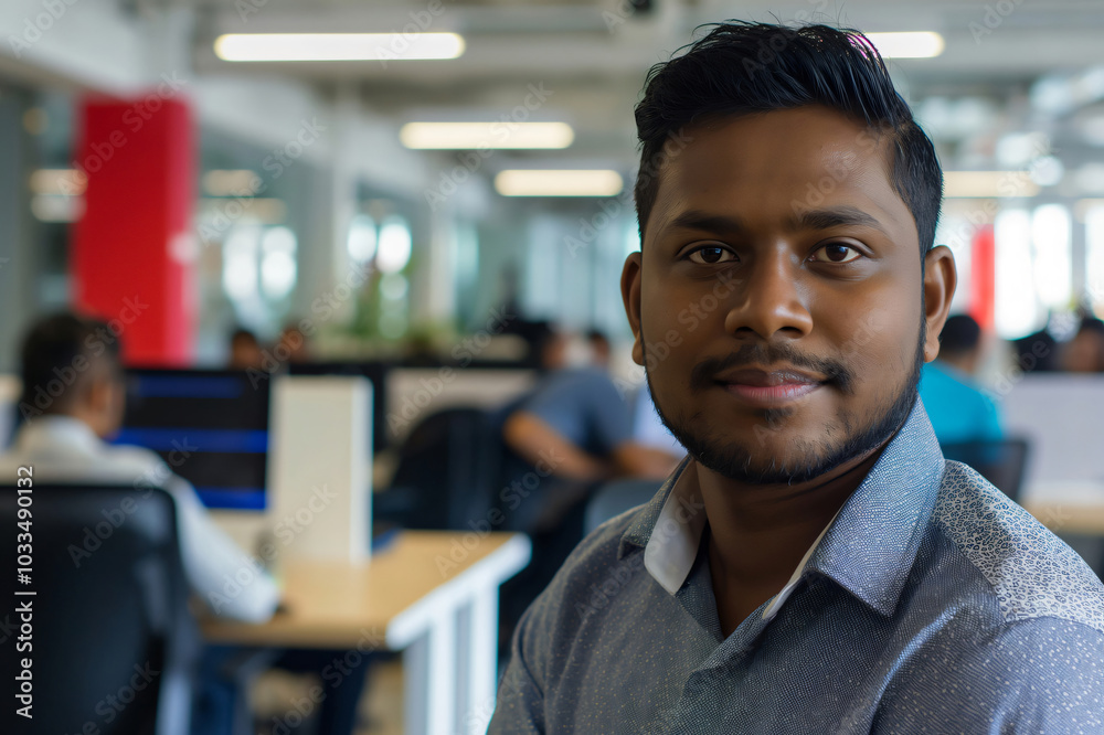 Fototapeta premium Portrait of a confident young sri lankan app developer posing in a modern bright office with his team working in the background