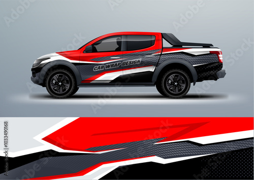 sporty car truck double cabin branding mockup with racing wrap decal or livery design.	