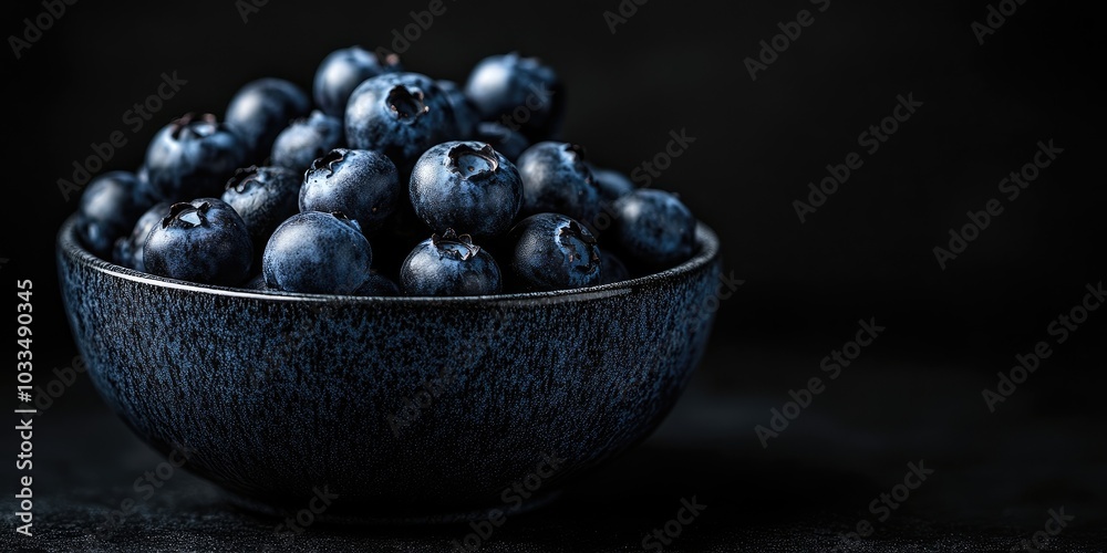 Fresh, juicy blueberries in a bowl against a black background. Low key photography. Fresh, juicy blueberries in a bowl against a black background. Low key photography.