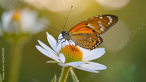 A butterfly rests gracefully on a white flower at sunset in a peaceful garden