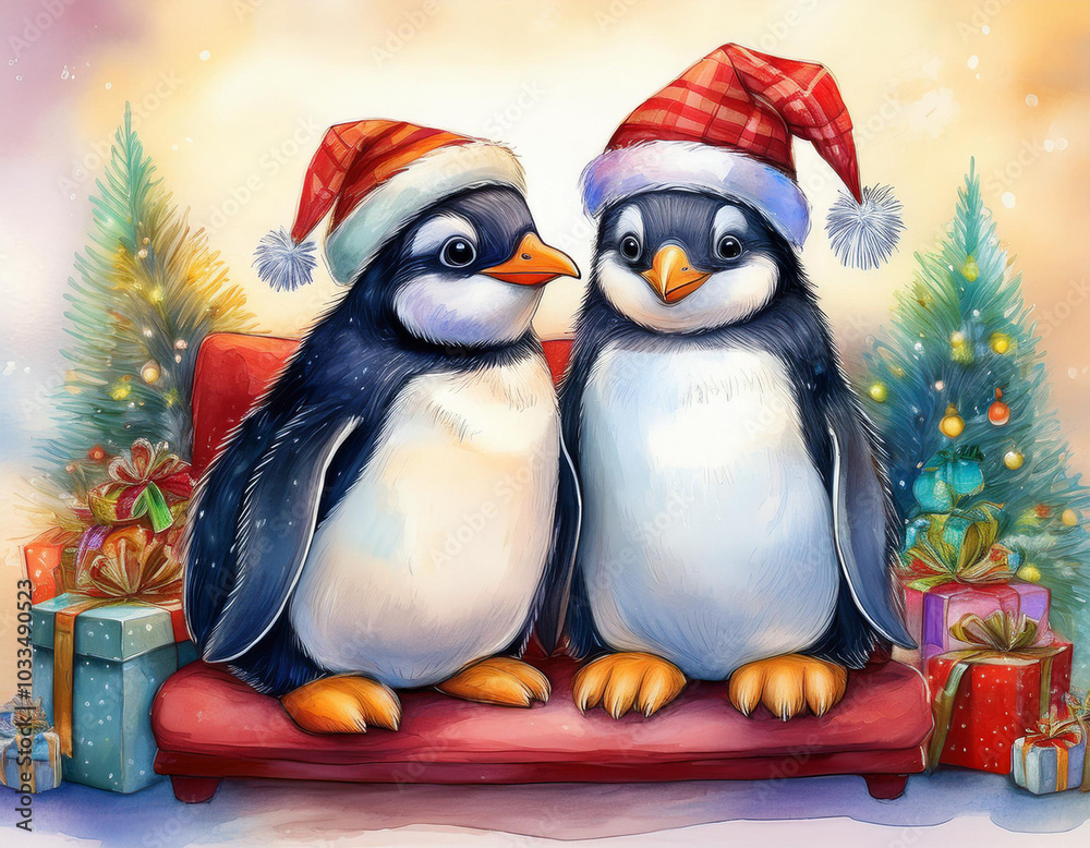Fototapeta premium two happy penguins and Christmas tree, watercolor painting art