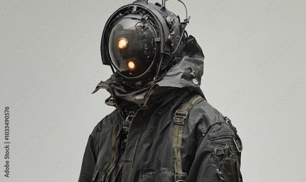 A futuristic figure wearing a black helmet with glowing lights. A futuristic figure wearing a black helmet with glowing lights.
