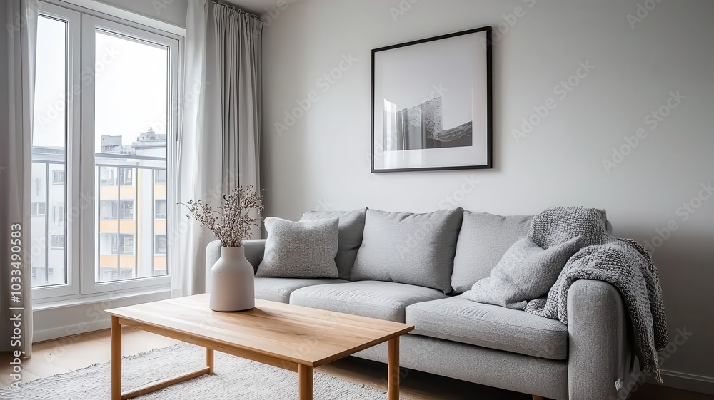 Fototapeta premium Cozy Scandinavian Living Room Featuring a Simple Grey Sofa and Soft Natural Light
