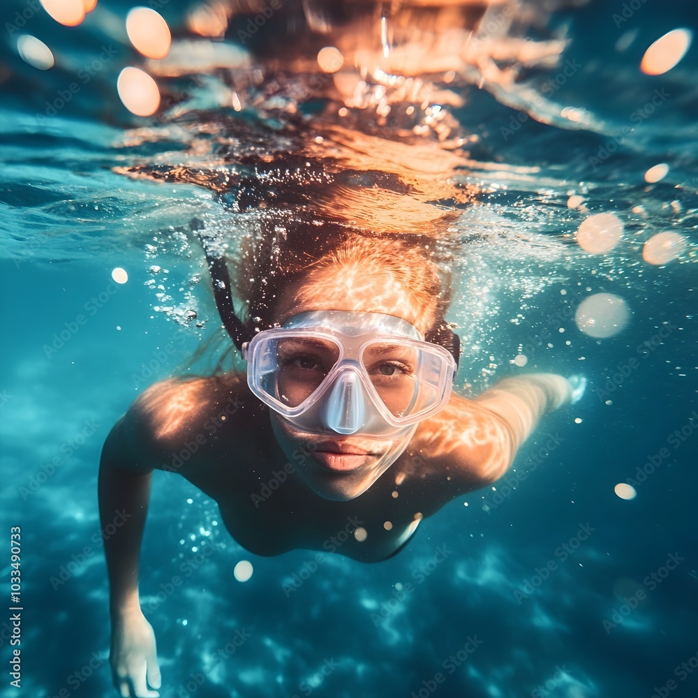Naklejka premium Woman Snorkeling in Tropical Ocean Underwater Scene