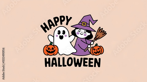 A Happy Halloween Greeting with a Witch and a Ghost