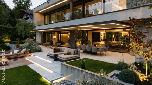 Modern Luxury Home with Outdoor Patio and Lush Greenery