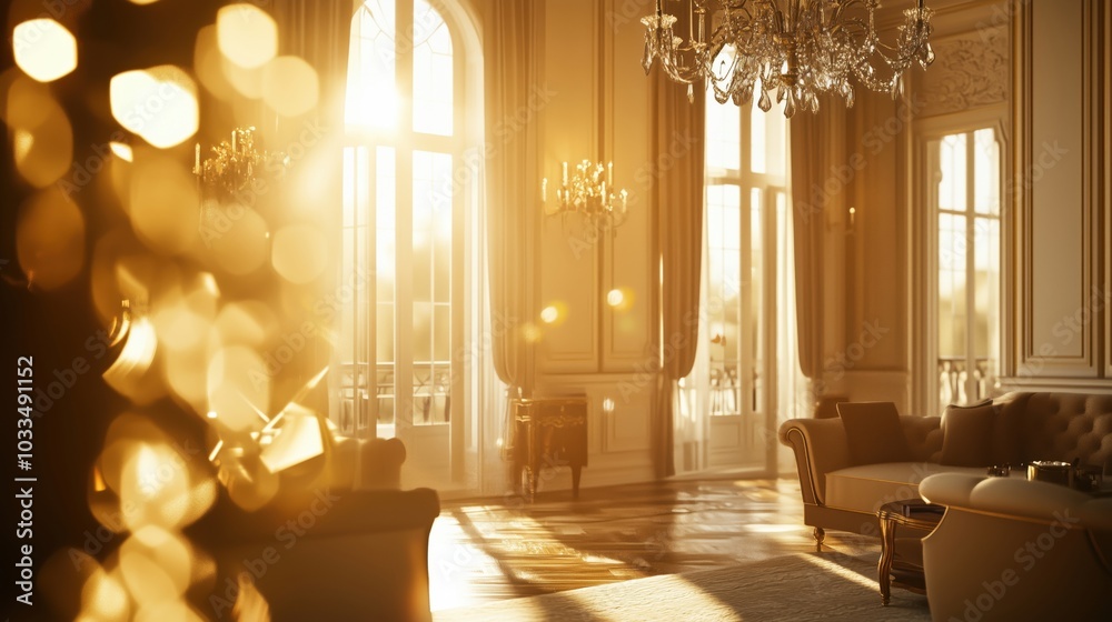 Luxurious golden-lit living room with elegant decor and chandeliers