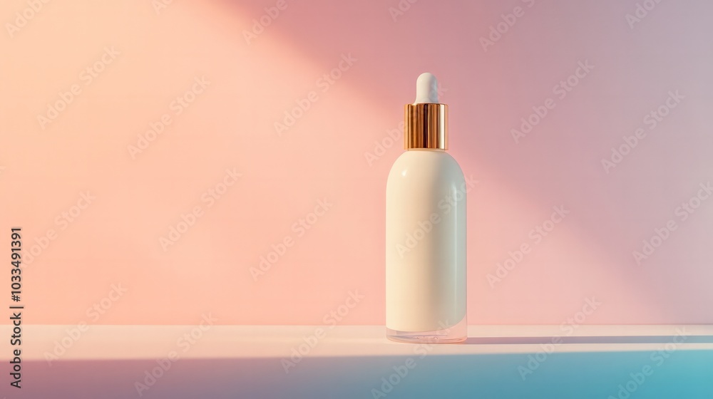 Cream bottle with a gold cap, standing elegantly in front of a soft pastel backdrop, delicate lighting Cream bottle with a gold cap, standing elegantly in front of a soft pastel backdrop, delicate lighting
