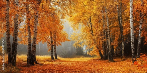 Autumn forest trees with numerous fallen leaves.