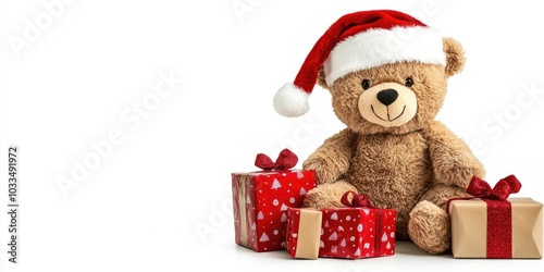 Teddy bear wearing a Santa hat and gifts isolated on white.