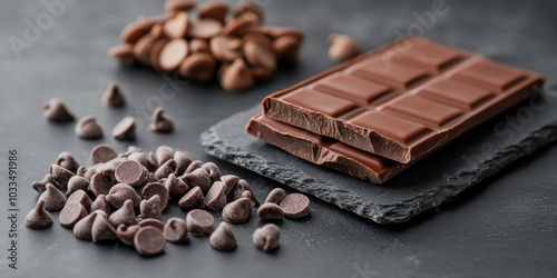 Chocolate bars and chocolate chips on a slate board set against a reflective background. Special lighting, selective focus, copyspace.