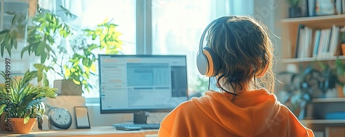 A person using a noise-canceling headset, focusing on work in a busy home environment photo
