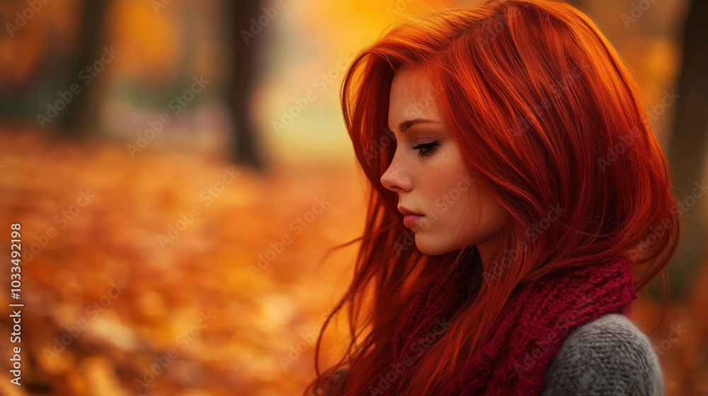 Red-haired woman in autumn forest, profile view, warm colors, serene expression Red-haired woman in autumn forest, profile view, warm colors, serene expression