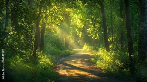 Lush green forest with sunlight filtering through the leaves, casting dappled light on a winding path