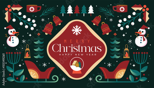 Christmas and New Year icons in abstract modern flat style. Colorful illustration in flat vector cartoon style. Xmas tree with abstract elements. Seasons greetings. Vector illustration.