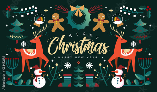 Christmas and New Year icons in abstract modern flat style. Colorful illustration in flat vector cartoon style. Xmas tree with abstract elements. Seasons greetings. Vector illustration.