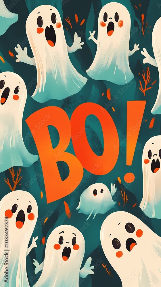 Playful cartoon ghosts with the word 'BO!' in a vibrant Halloween-themed design. Playful cartoon ghosts with the word 'BO!' in a vibrant Halloween-themed design.