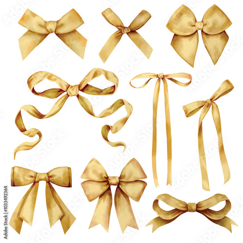 9 Bows elements watercolor digital painted.