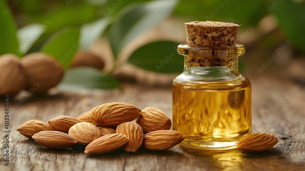 A small glass bottle of almond oil with raw almonds scattered on a wooden surface, evoking natural skincare and wellness. A small glass bottle of almond oil with raw almonds scattered on a wooden surface, evoking natural skincare and wellness.