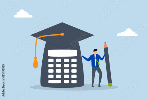Student loan calculation, A graduate is standing with mortar board hat and calculator.