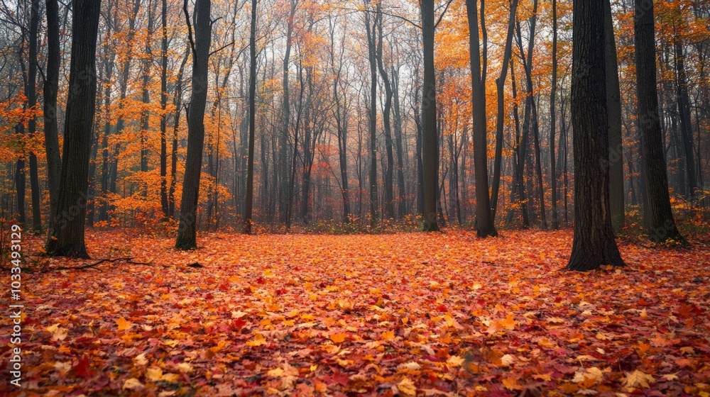 Vibrant autumn forest with leaves in shades of red, orange, and yellow carpeting the ground Vibrant autumn forest with leaves in shades of red, orange, and yellow carpeting the ground