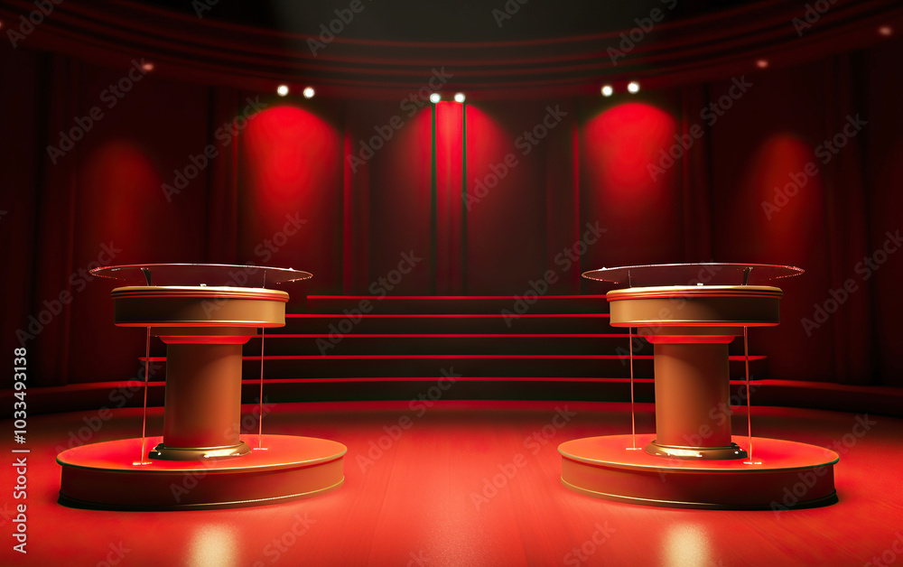 generate illustration Wooden stands with debate microphones in a brightly lit studio. Political debates before the election generate illustration Wooden stands with debate microphones in a brightly lit studio. Political debates before the election