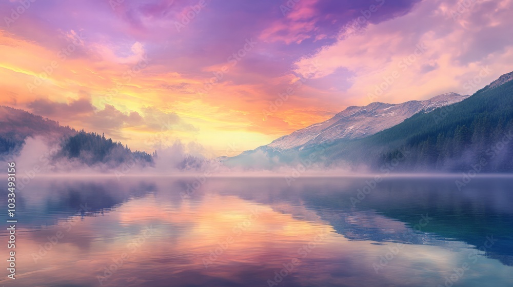 Tranquil sunrise over a serene mountain lake, with mist rising from the water and vibrant colors filling the sky Tranquil sunrise over a serene mountain lake, with mist rising from the water and vibrant colors filling the sky
