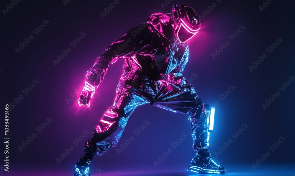 Neon-lit futuristic figure poses in dark. Neon-lit futuristic figure poses in dark.