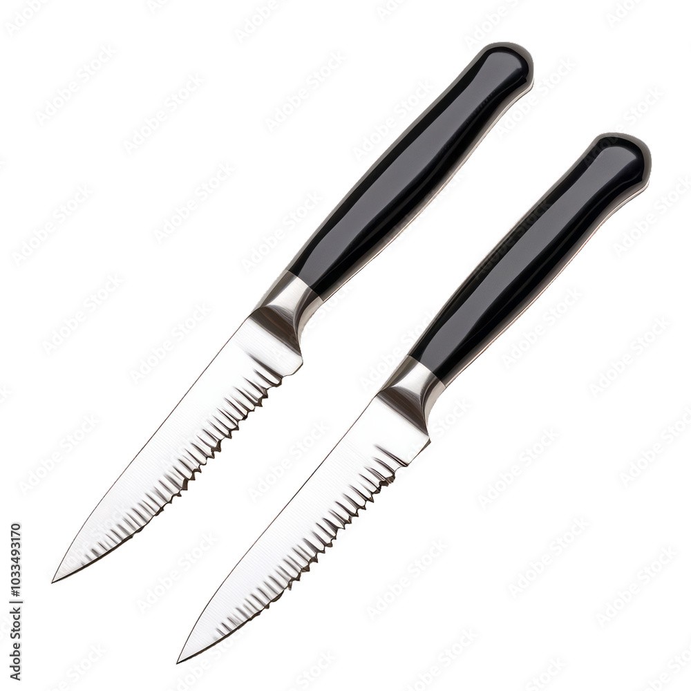 Pair of modern black handled steak knives with serrated edges isolated on a transparent background Pair of modern black handled steak knives with serrated edges isolated on a transparent background